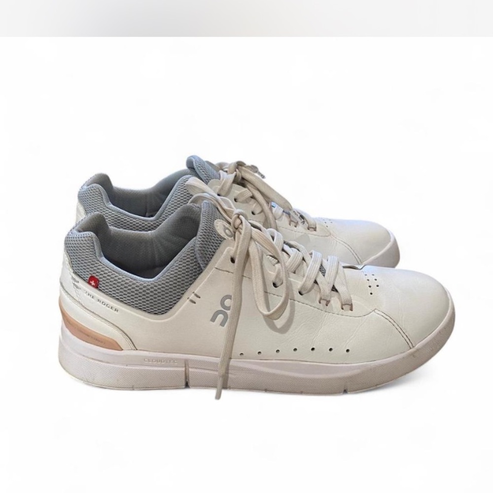 On Running White and Light Gray Leather Athletic Sneakers